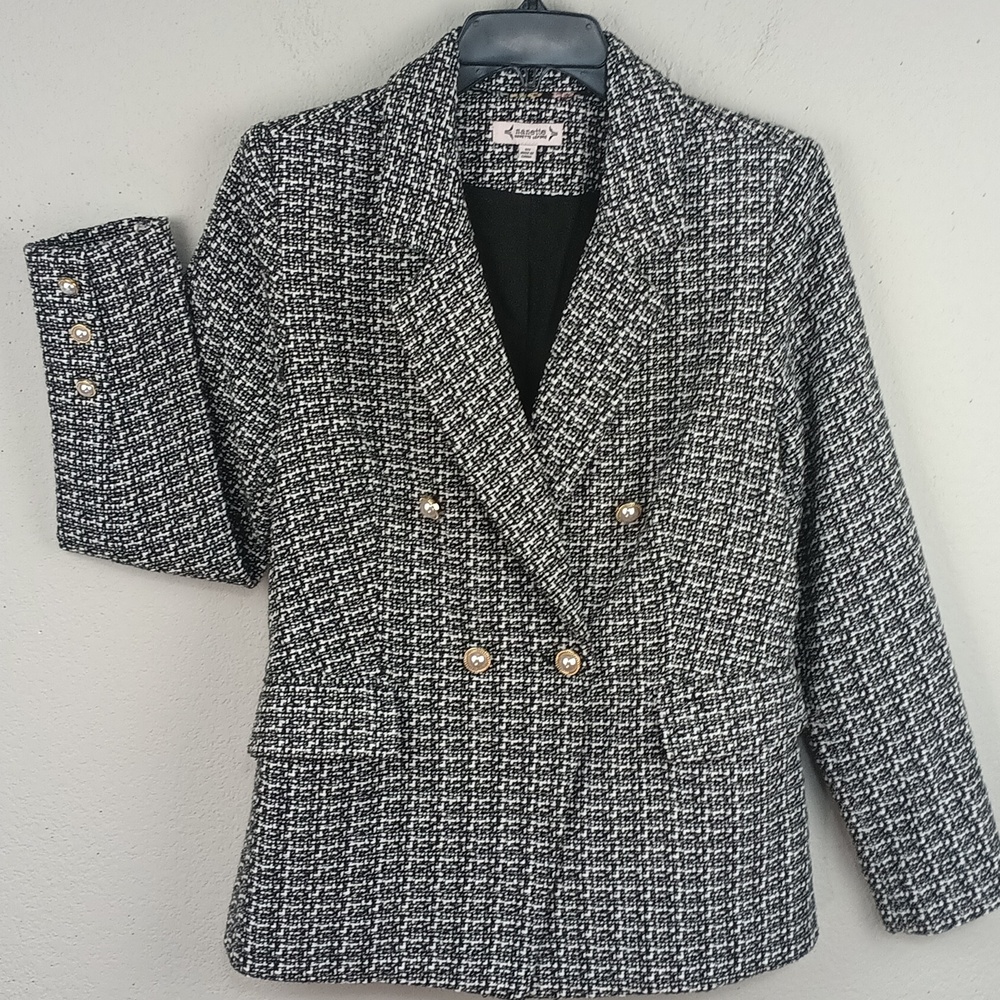 Nannette Lepore Women Black and White Tweed Double Breasted Blazer  Jacket sz 10